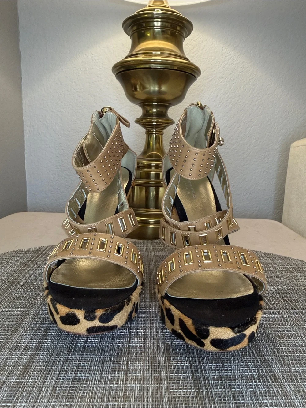 Leopard Print Tan Wedge Sandals with Studded Straps